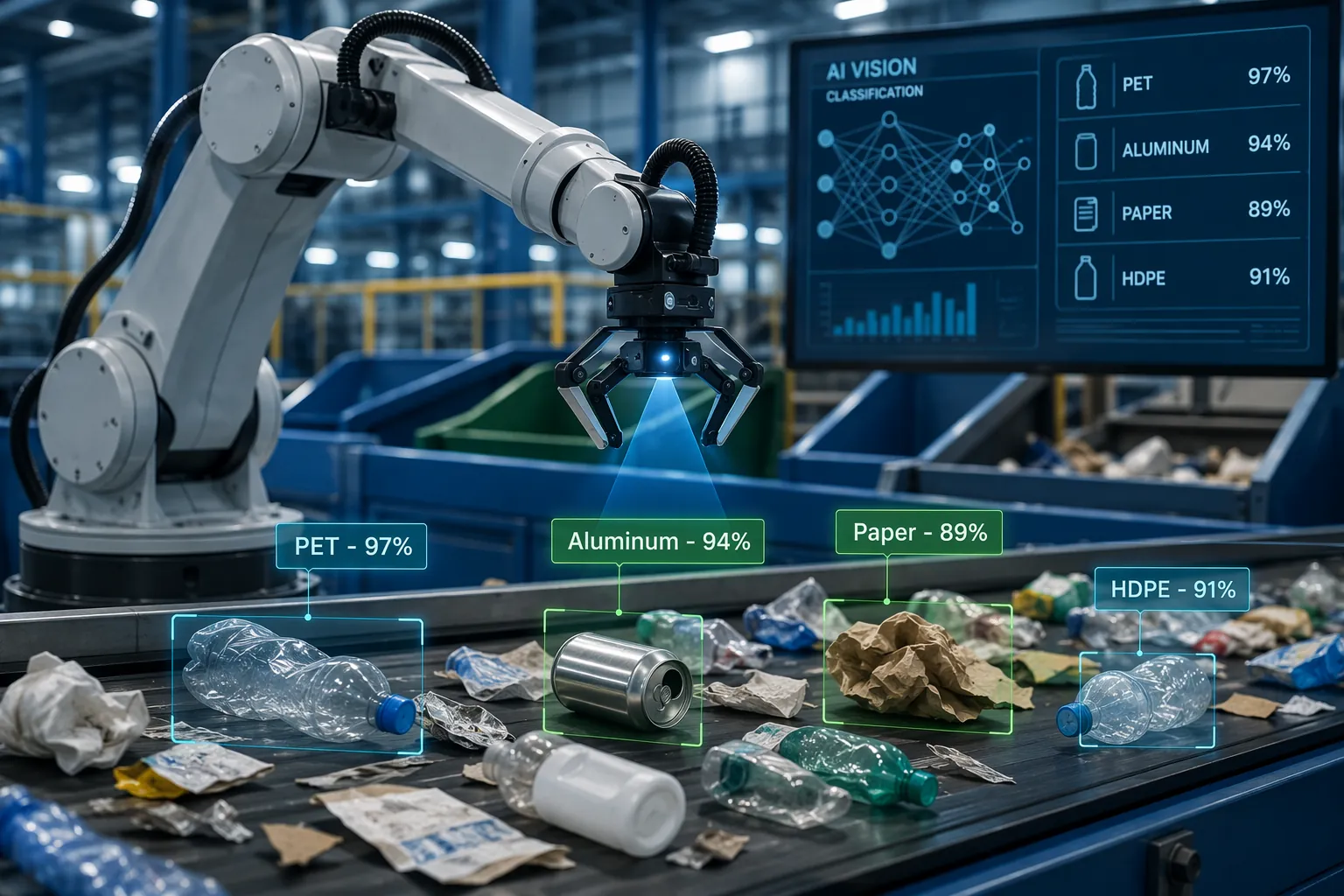 Robotic sorting arm classifying mixed recyclable materials on a conveyor belt with digital confidence labels