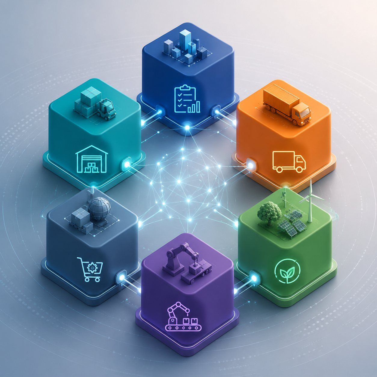 Interconnected modular AI blocks representing separate SAP supply chain modules linked by neural network lines