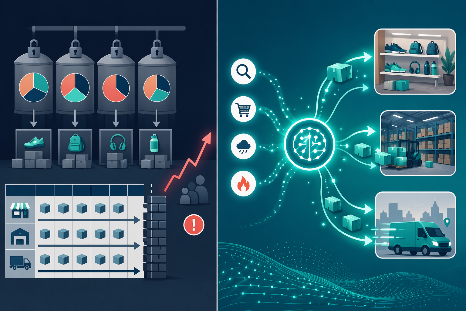 Side-by-side comparison of traditional fixed allocation and AI-driven dynamic inventory allocation