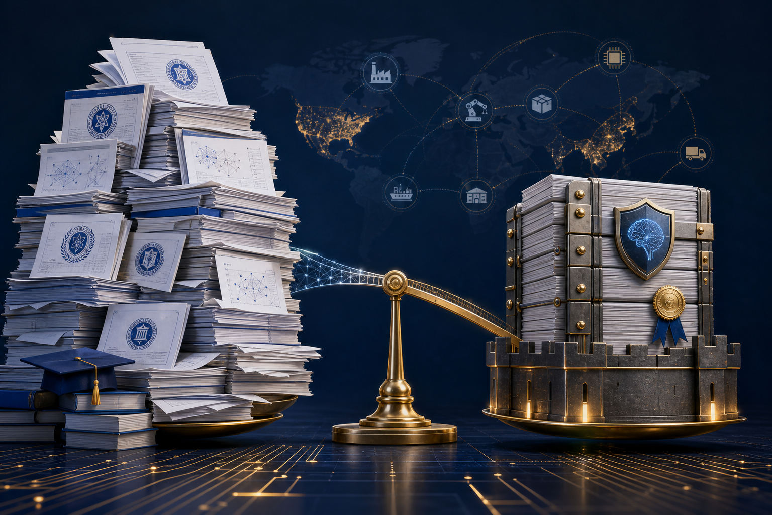 Academic patent documents contrasted with a denser cluster of corporate patent documents