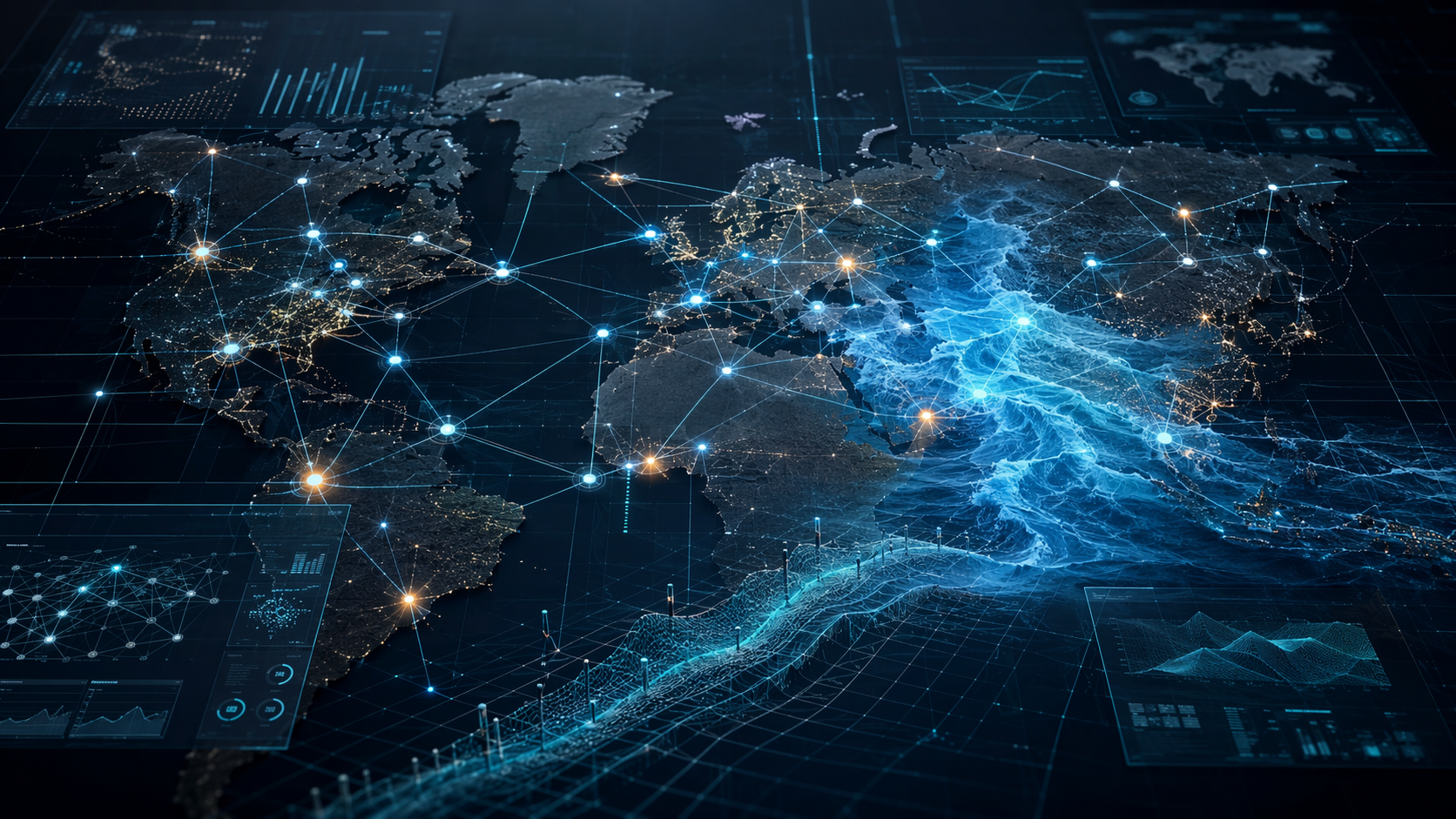 Supply chain network with flood water and holographic simulation grid overlays