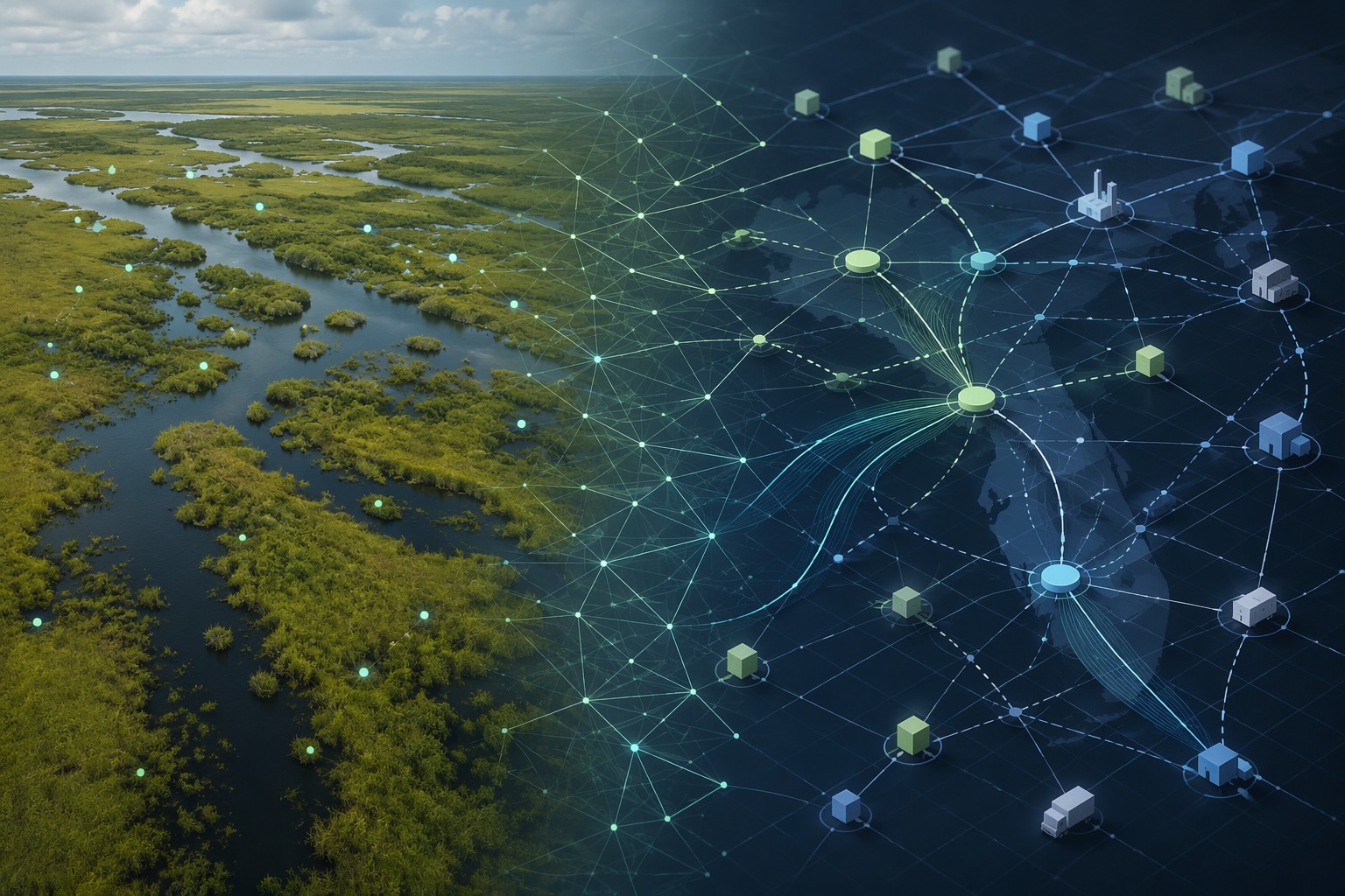 Aerial Everglades marshes blended with an abstract supply chain network