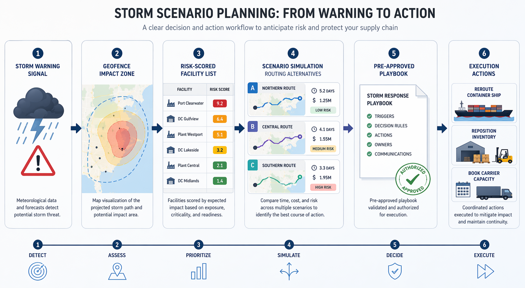 Storm scenario planning workflow from warning signal to geofence, risk scoring, routing alternatives, playbook approval, and execution actions
