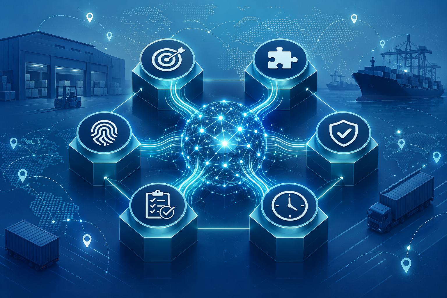 Six interconnected data quality pillars feeding a central AI network with supply chain elements in the background