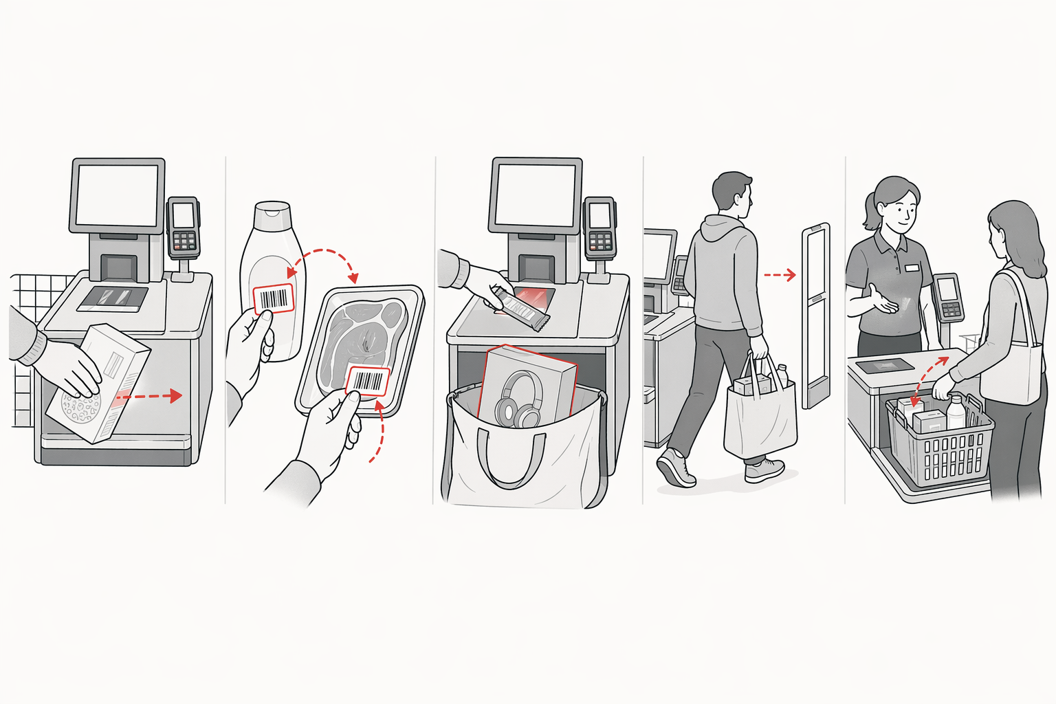 Five self-checkout loss patterns including missed scan, barcode switching, stacking, walkaway, and sweethearting