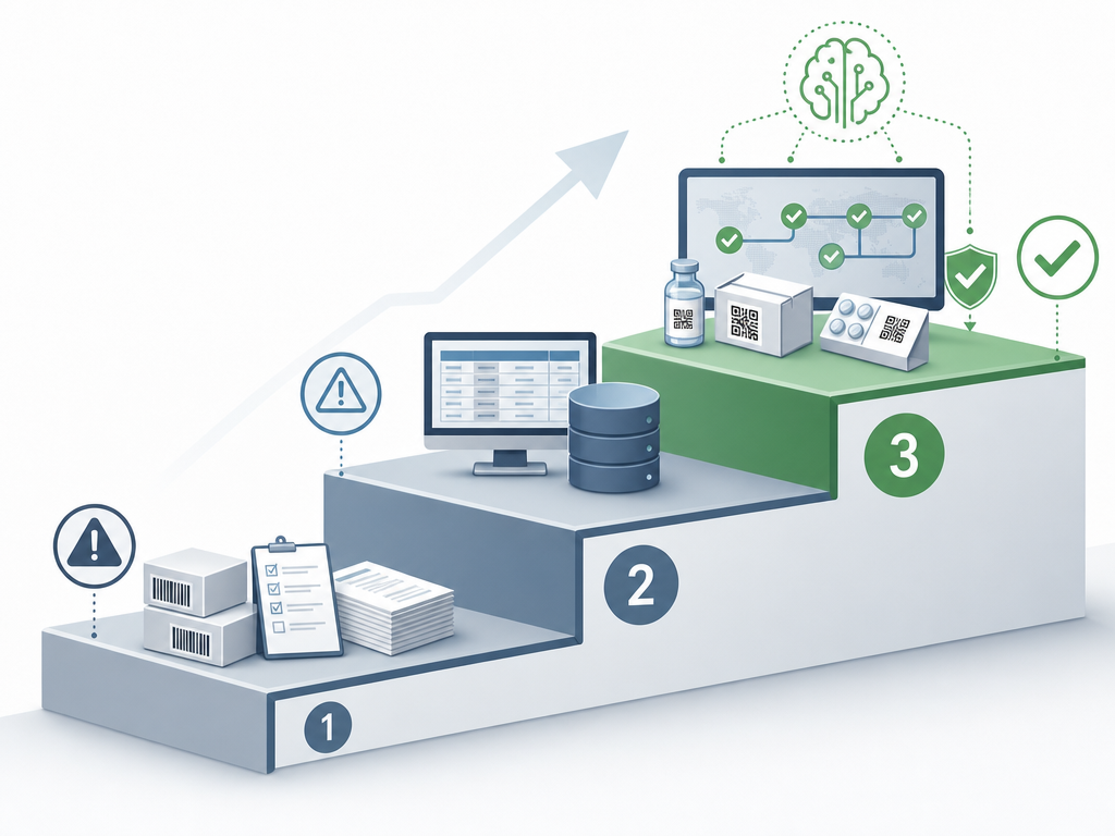 Serialization maturity staircase from paper barcode records to AI-ready digital serialized traceability
