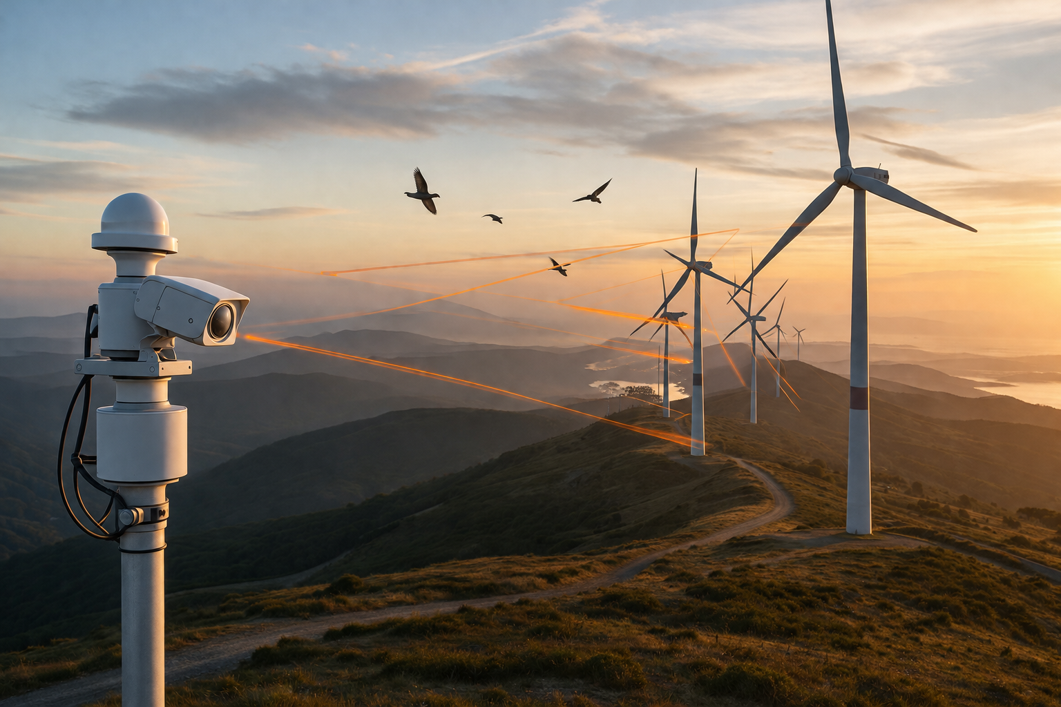 AI camera station monitoring birds near wind turbines on a rolling ridge