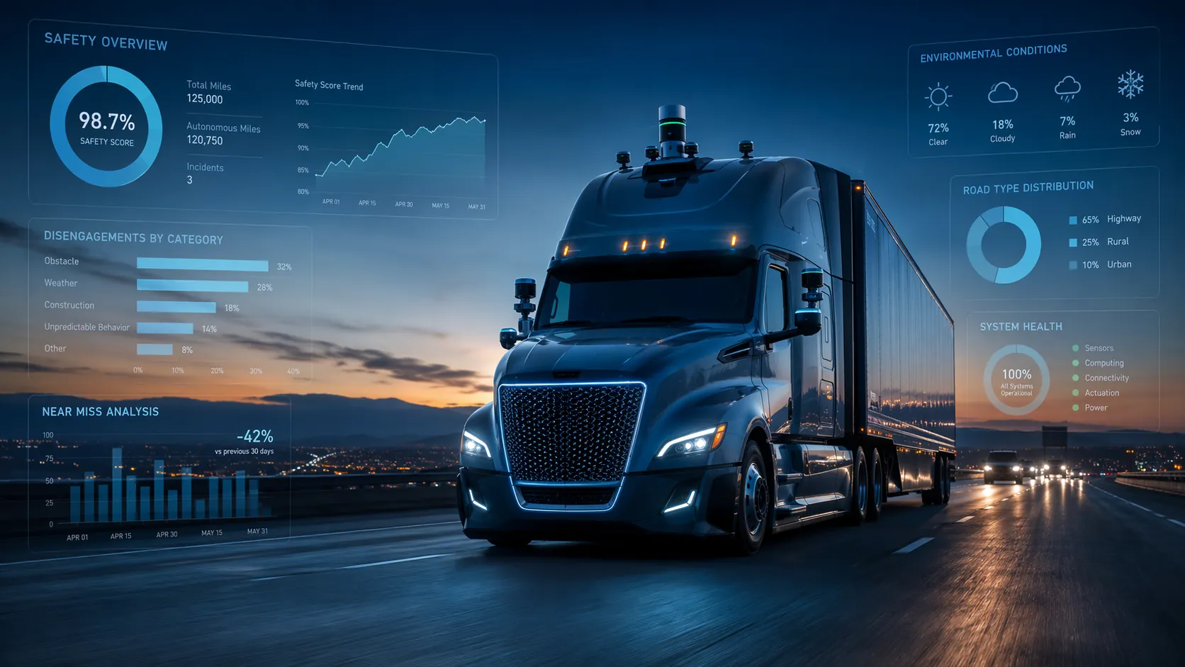 Autonomous semi-truck on a twilight highway with safety data graphics and metric overlays