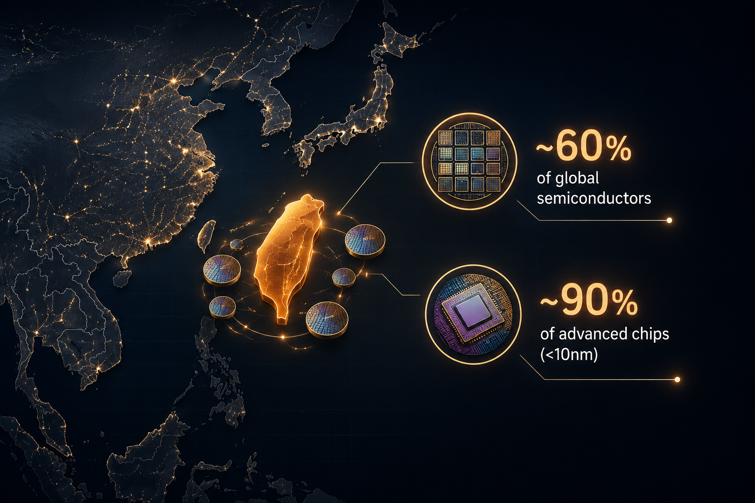 Map of East Asia highlighting Taiwan and semiconductor concentration