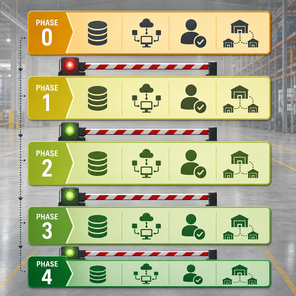 A vertical phase-gate framework diagram showing five horizontal phase bands from Phase 0 through Phase 4 with go/no-go checkpoint indicators between each phase.
