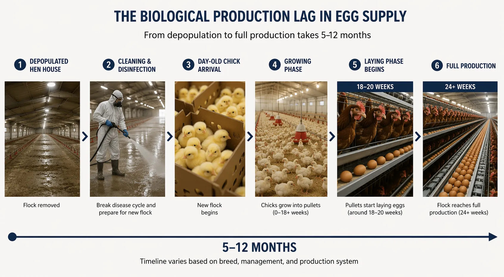 Timeline showing egg supply recovery from depopulated hen house through cleaning, flock replacement, laying, and full production over 5 to 12 months