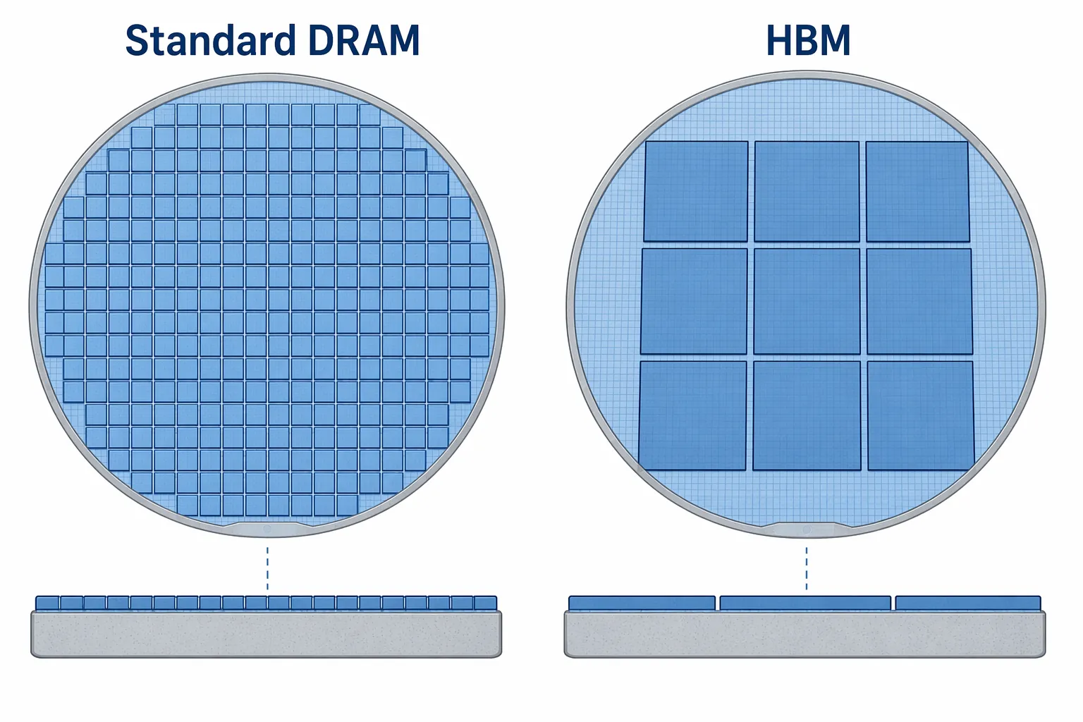 Comparison of a standard DRAM wafer with many small dies and an HBM wafer with fewer larger dies