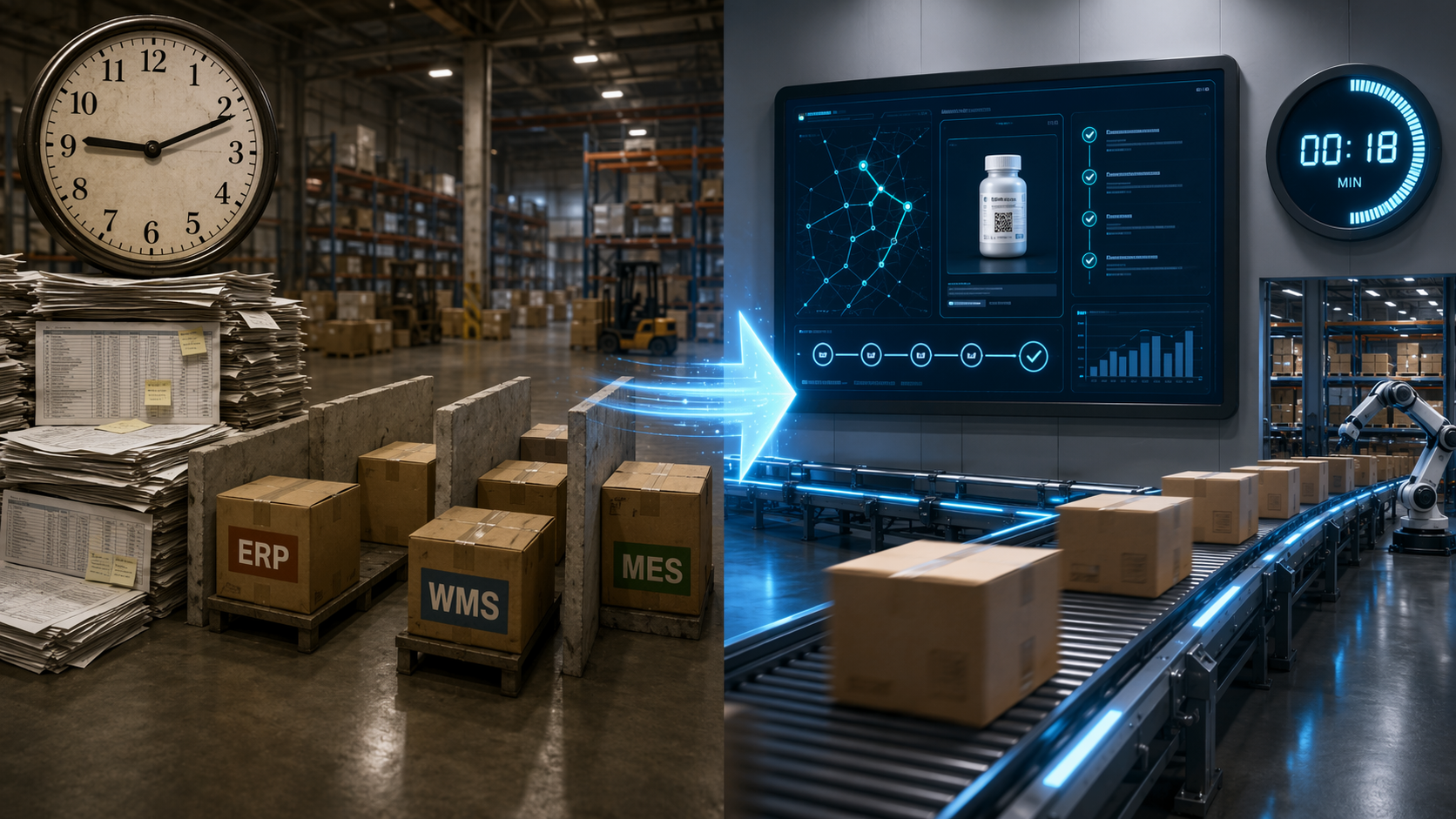 Split warehouse scene comparing spreadsheet-based recall logistics with a unified digital recall control panel