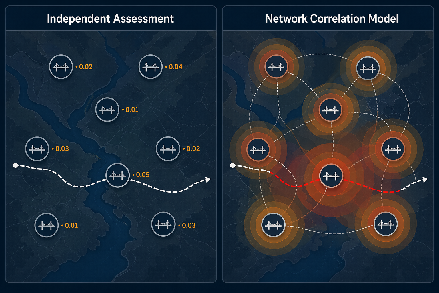 Diagram comparing independent bridge risk nodes with correlated bridge network risk along a route