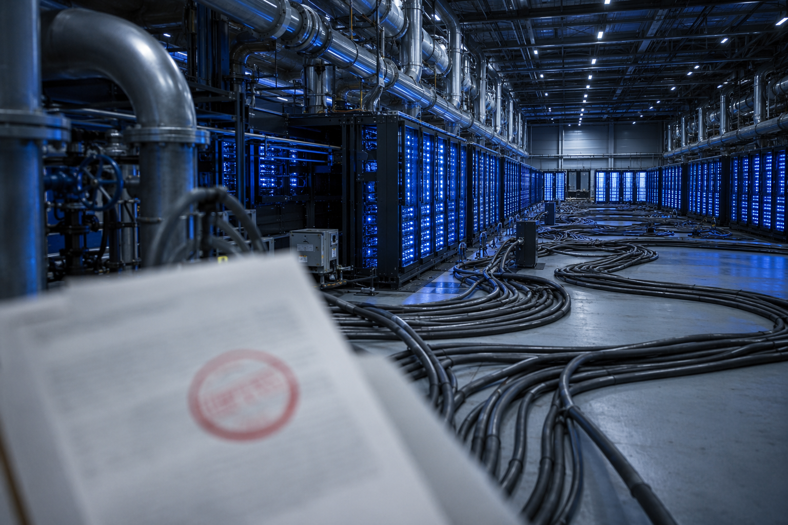 Large GPU data center hall with power cables, cooling pipes, and regulatory paperwork in the foreground