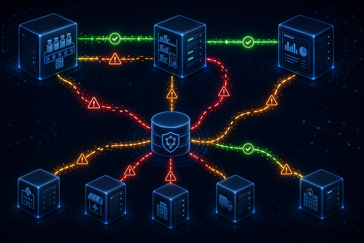 Abstract DSCSA system handoffs with multiple warning indicators across packaging, WMS, ERP, repository, and trading partner nodes