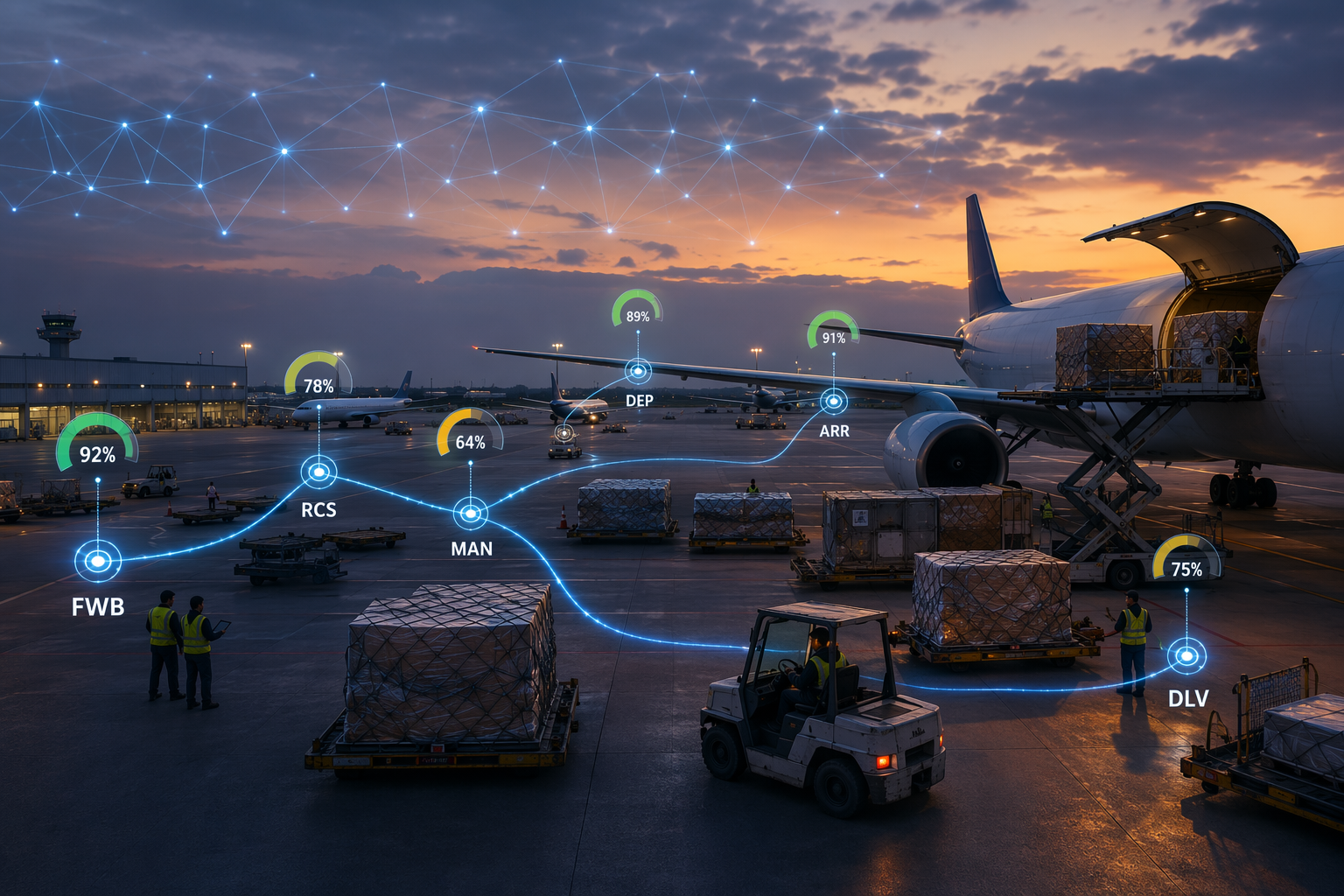 Air cargo tarmac with data streams and milestone markers from FWB through DLV