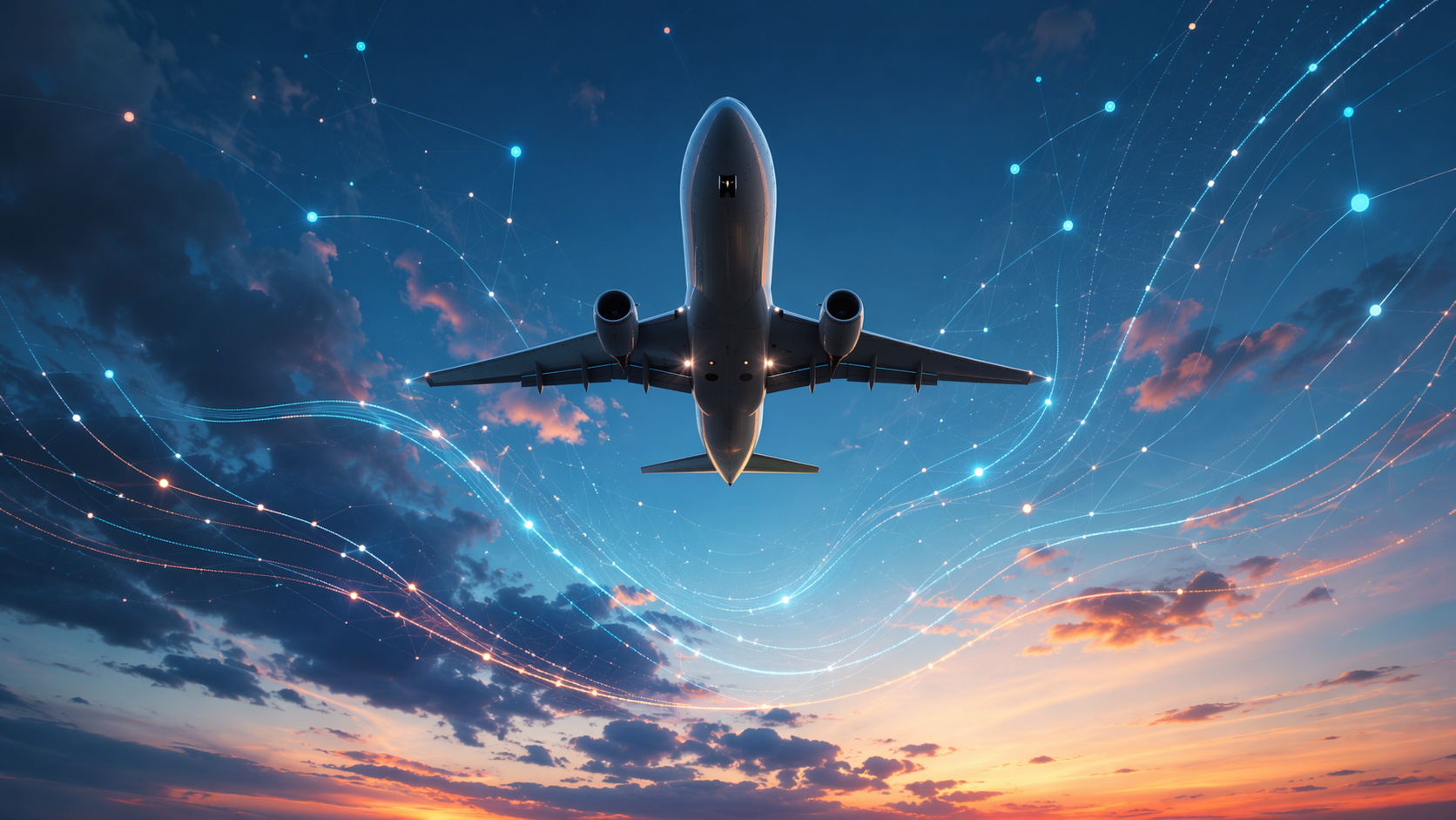 Commercial aircraft with digital route trajectories and optimization nodes representing AI-powered flight planning