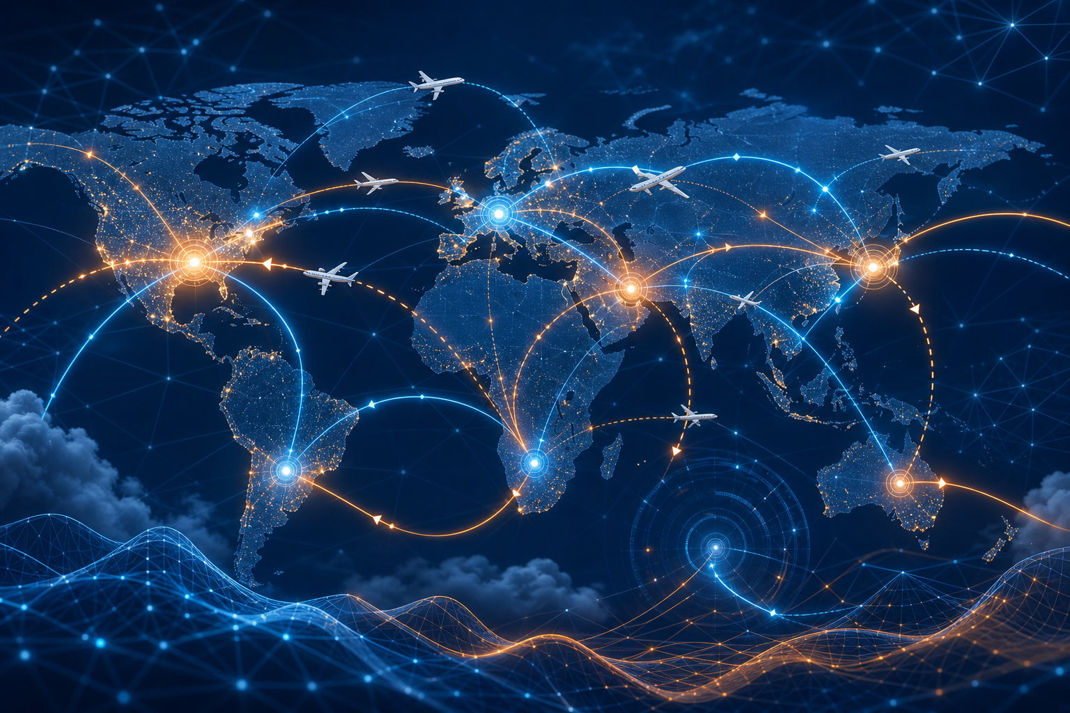 Digital cargo flight paths connecting global air freight hubs with adaptive rerouting lines