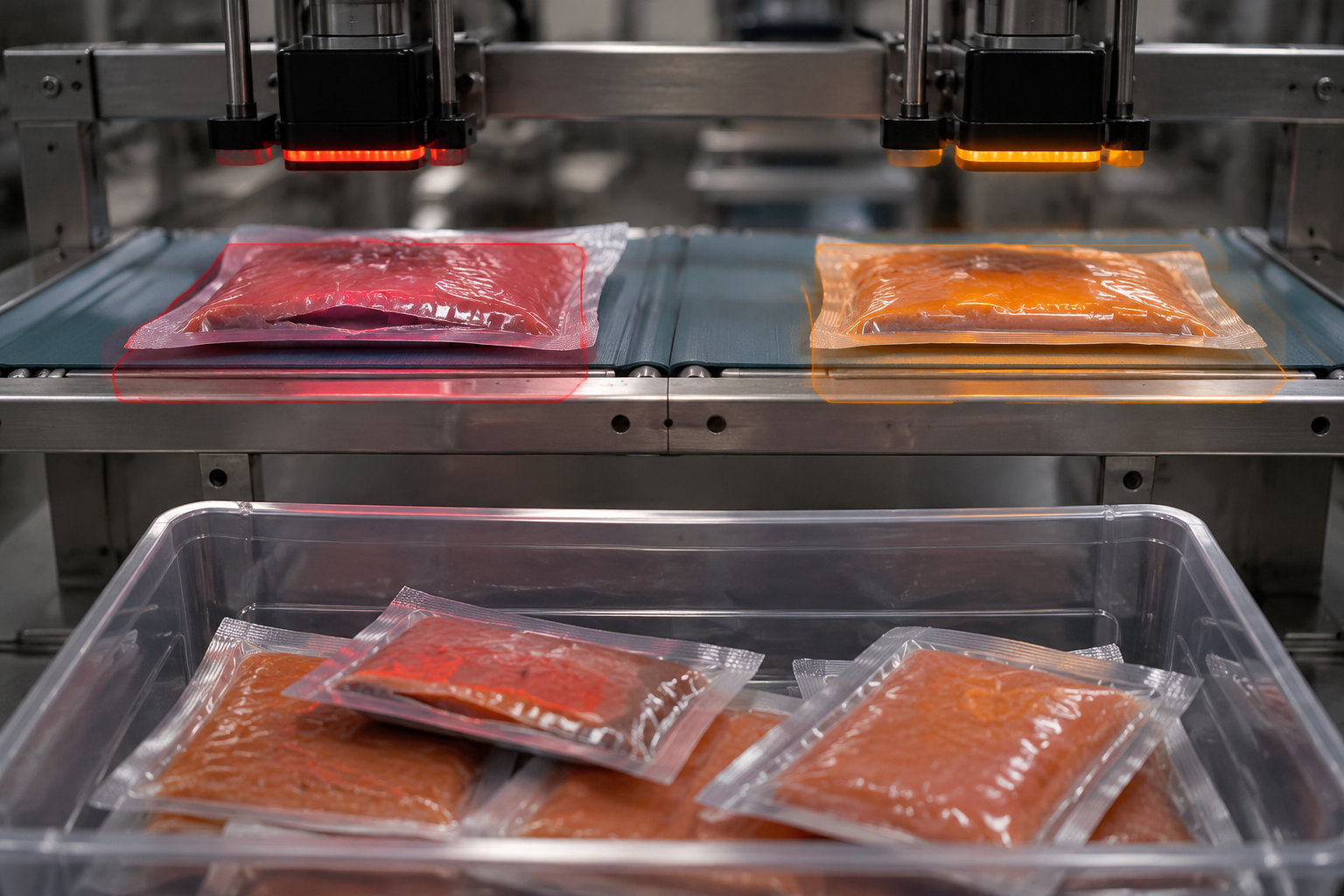 Food inspection conveyor showing a defective package, a good package flagged for review, and a reject bin with mixed products