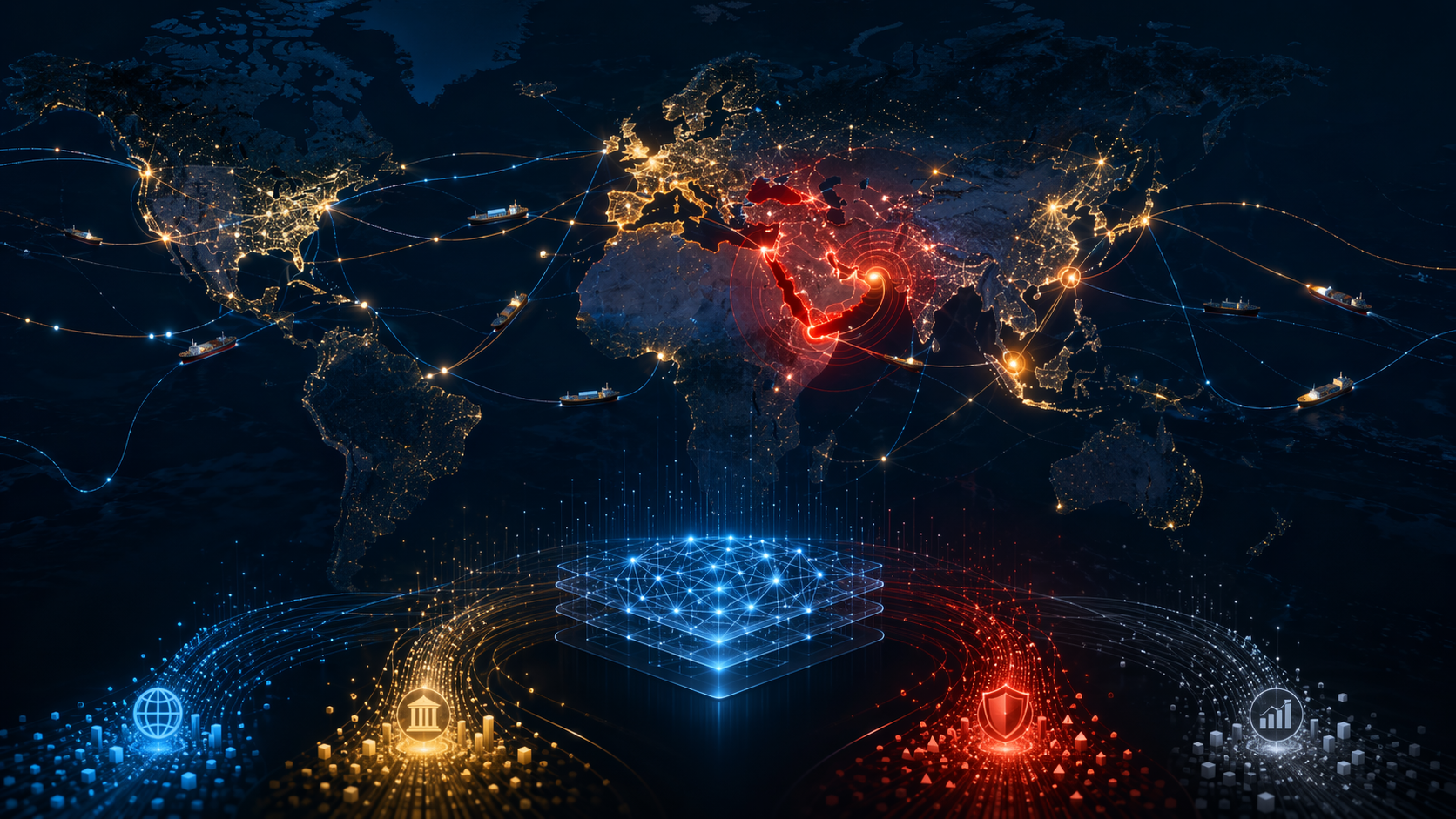 Dark world map with glowing trade route nodes, warning zones over key chokepoints, and data streams converging into an AI analysis layer