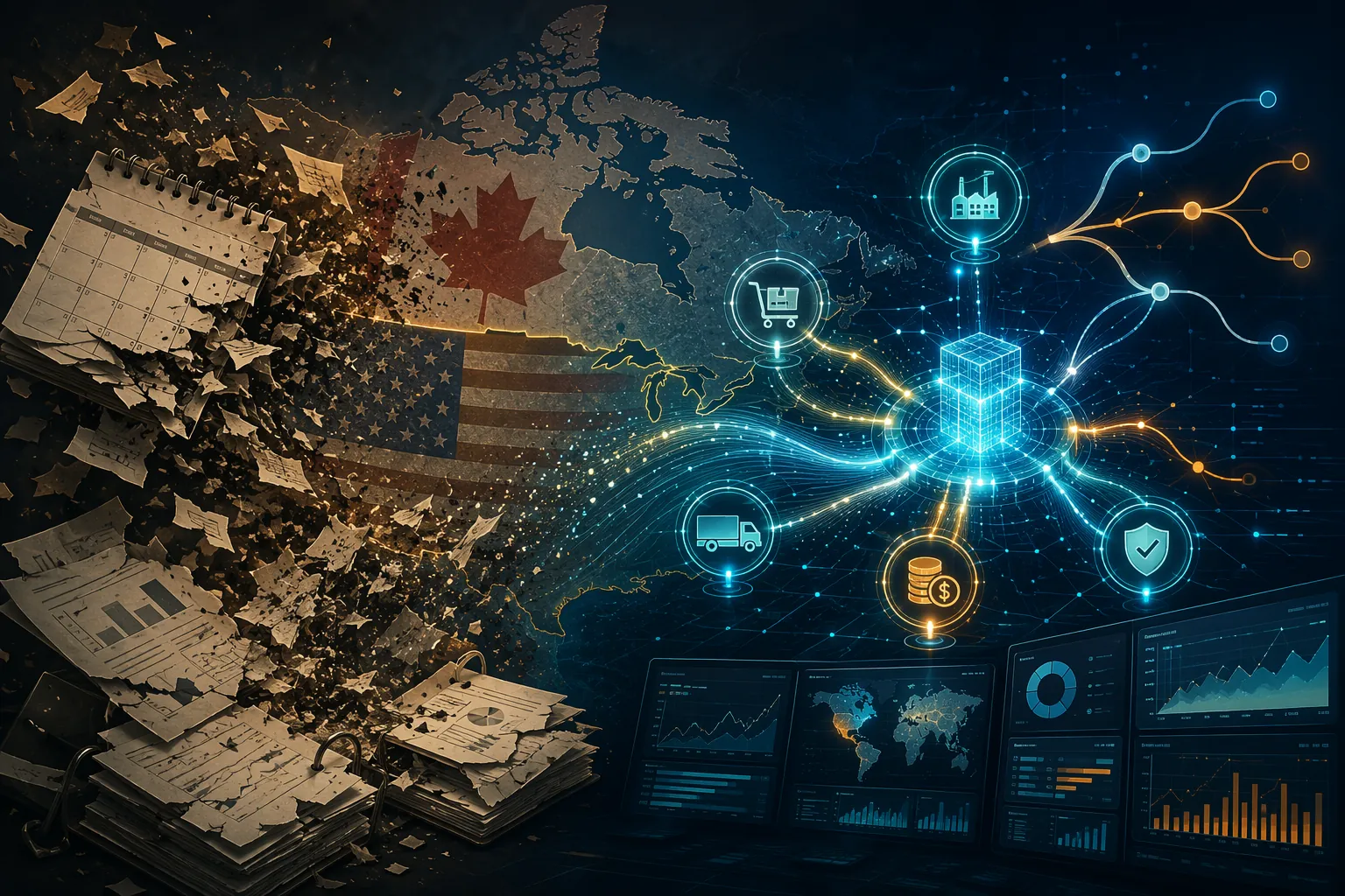 US-Canada cross-border map with fragmented planning documents giving way to a digital twin network