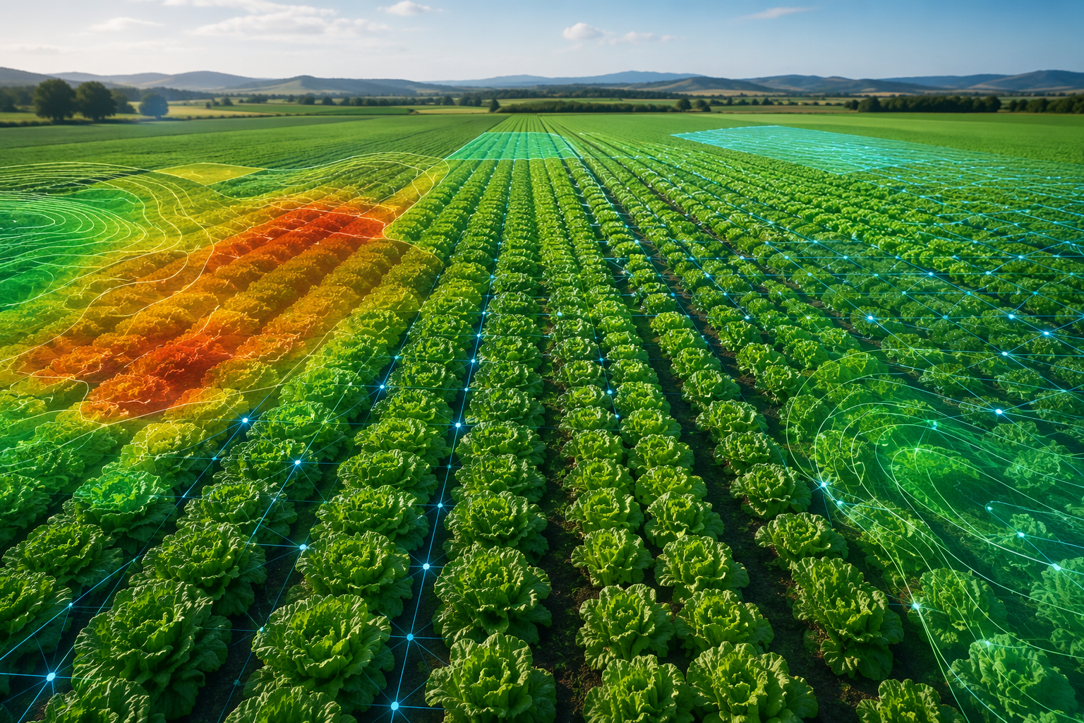 Aerial lettuce fields overlaid with digital heat-map gradients and grid nodes for predictive risk analytics