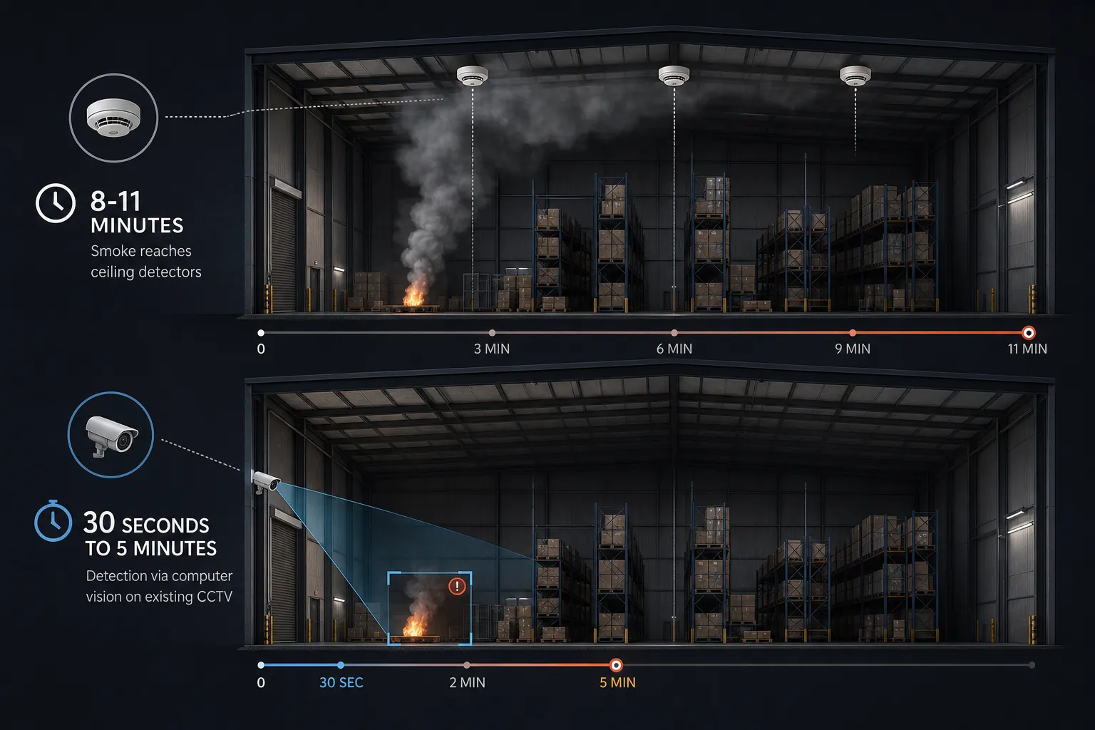 Warehouse timeline comparing slow smoke travel to ceiling detectors with faster camera-based smoke and flame detection near the fire source