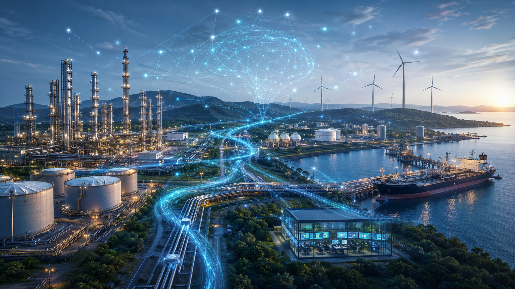 Abstract energy supply chain landscape with refinery, pipelines, storage tanks, wind turbines, shipping port, and AI data flow lines