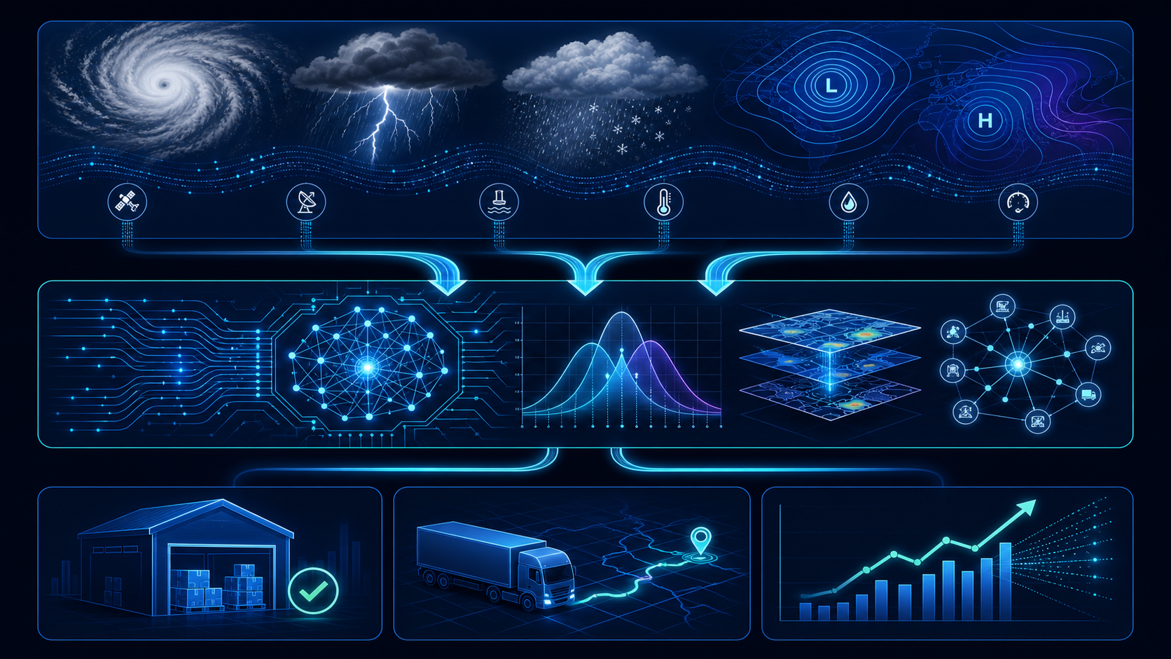 Three-layer diagram connecting weather signals to AI analysis and supply chain decisions