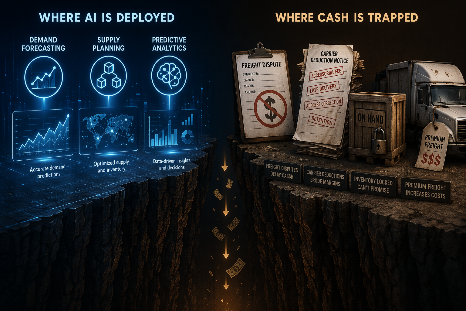 Comparison between polished AI planning use cases and cash-leaking workflows such as freight disputes, carrier deductions, unavailable inventory, and premium freight