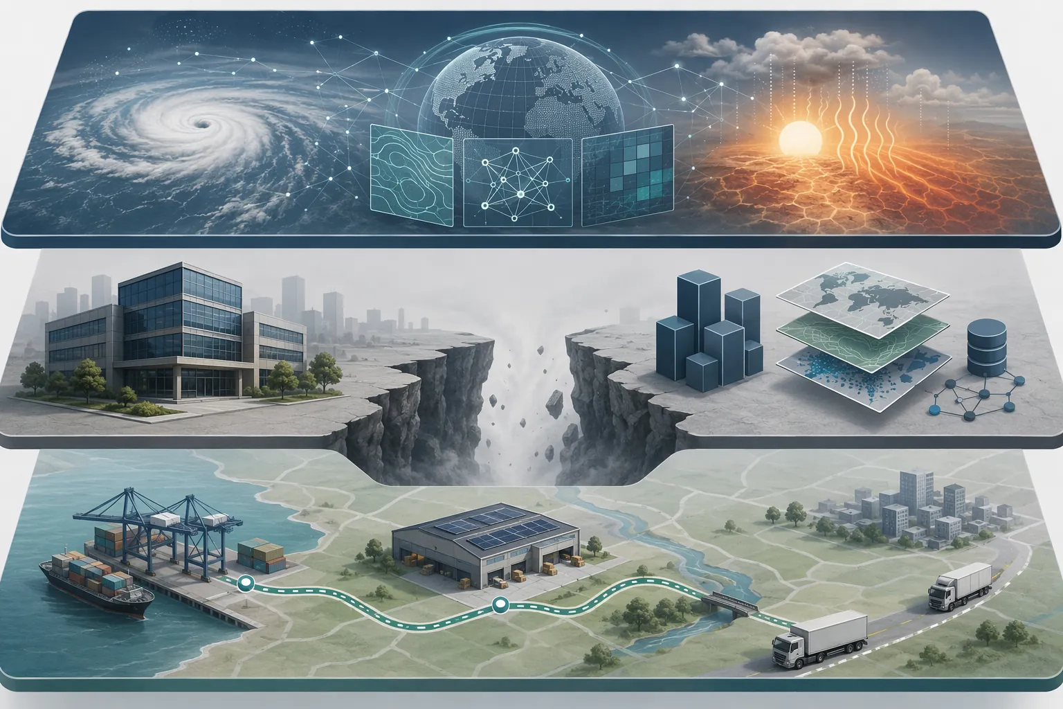 Three-layer framework showing AI climate attribution models, enterprise adoption gaps, and procurement decision integration