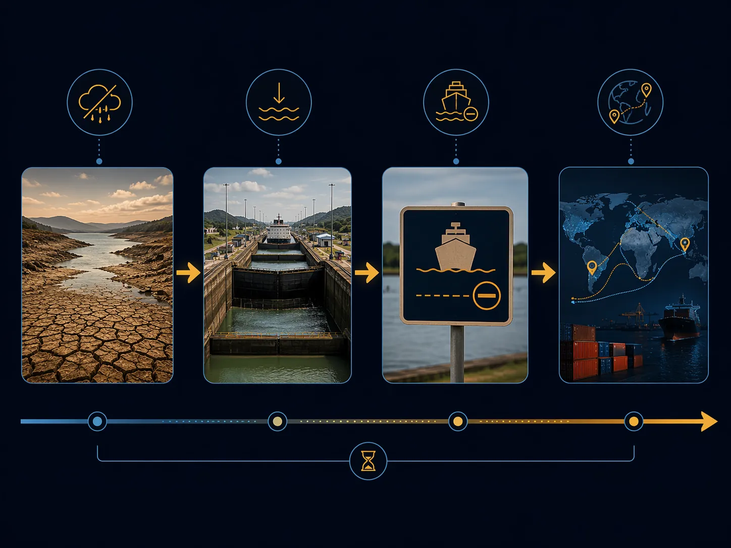 Timeline showing rainfall deficit, lower canal water levels, ship draft restrictions, and rerouted cargo containers