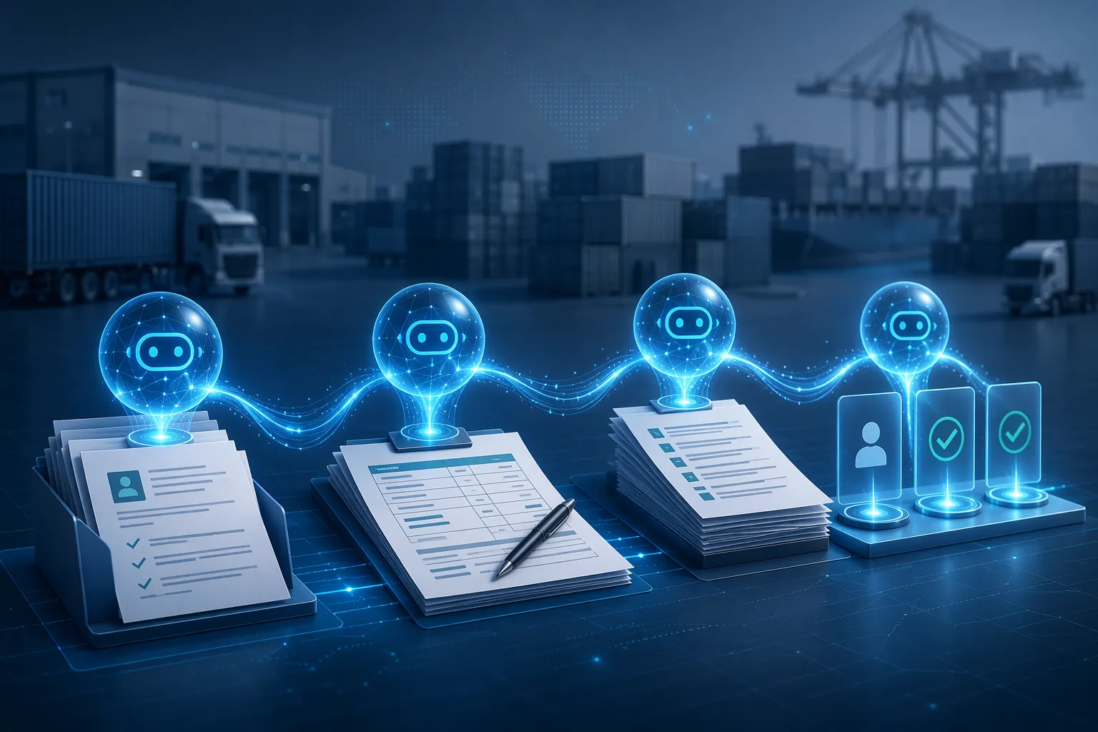 Glowing AI agent nodes operating across supplier onboarding documents, purchase order forms, quote intake papers, and approval checkpoints
