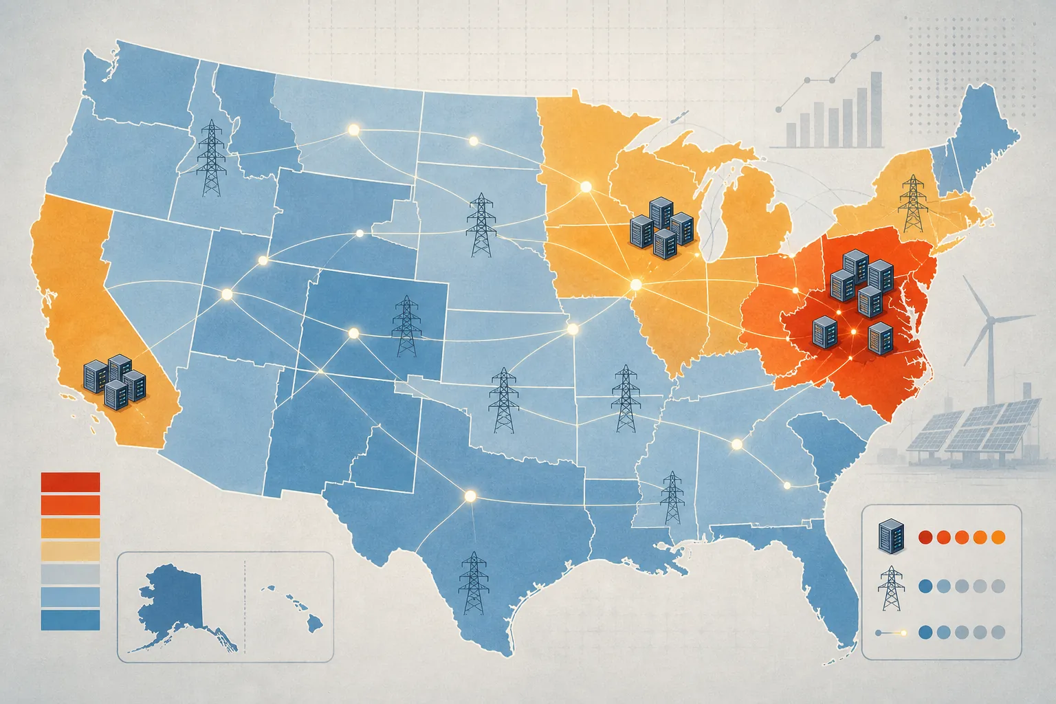 US map showing mid-Atlantic, Midwest, and California electricity cost pressure near data center hotspots