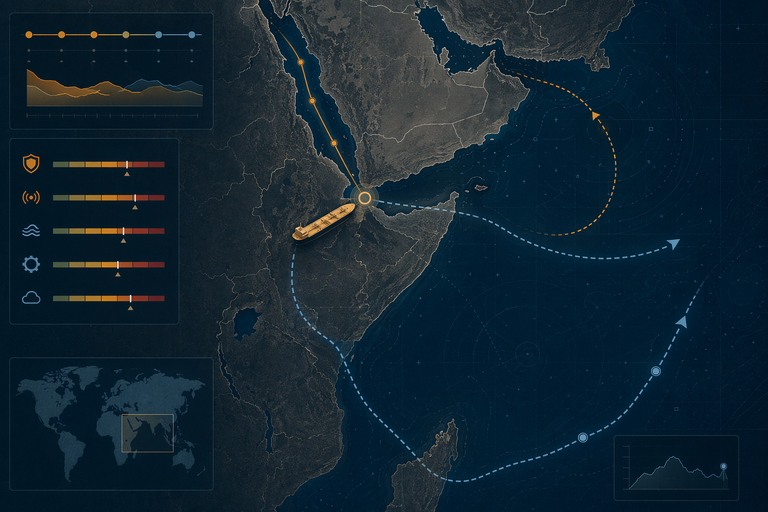 Maritime navigation chart of the Red Sea and Bab el-Mandeb with tanker route risk indicators and alternative route arrows
