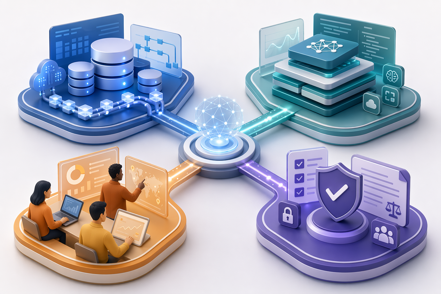 Four connected AI supply chain pillars for data foundation, technology stack, workforce adoption, and governance
