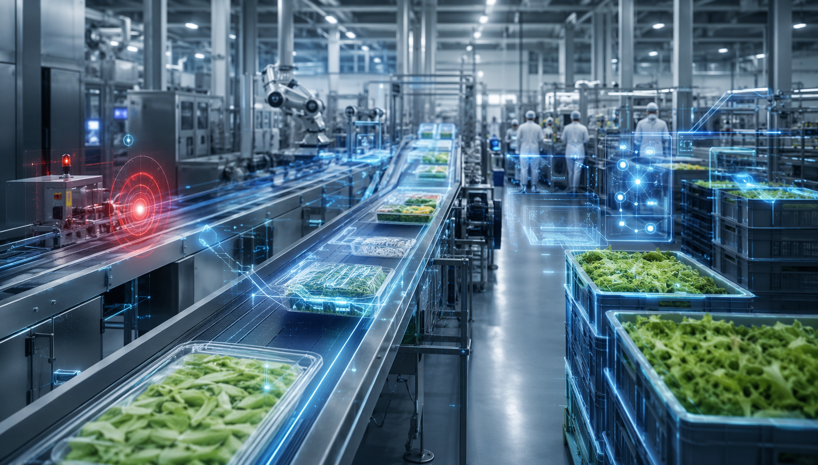 Industrial food production corridor with conveyor belts, storage containers, AI monitoring overlays, and an early contamination alert
