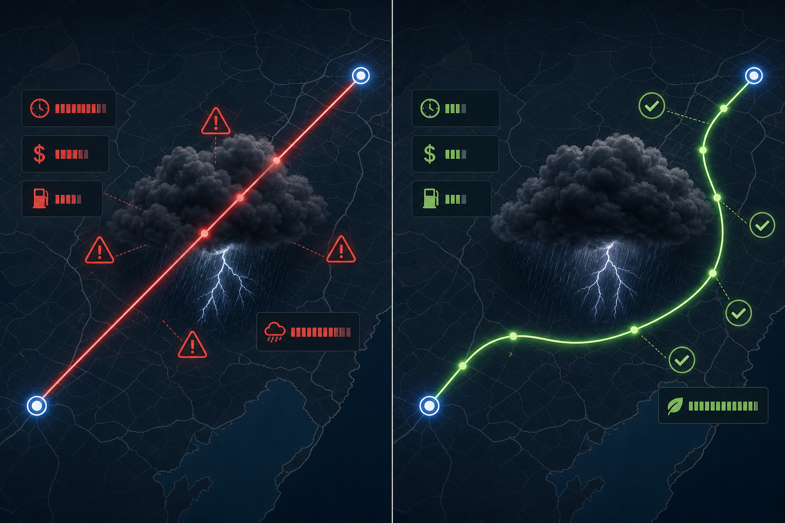 Split dashboard comparing optimization-only routing through a storm with weather-aware AI routing around the storm
