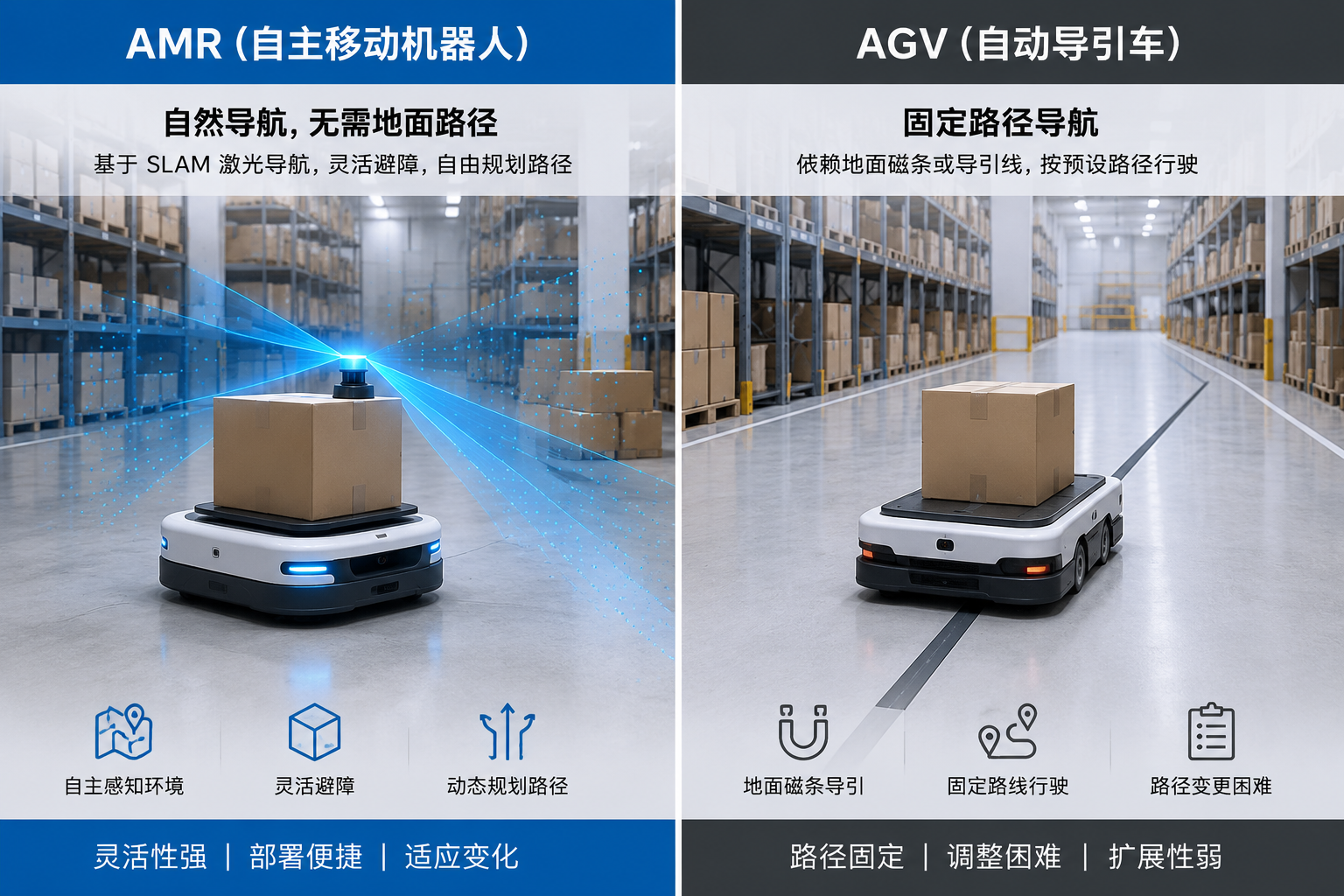 Comparison of AMR SLAM-based natural navigation and AGV magnetic tape fixed-path guidance