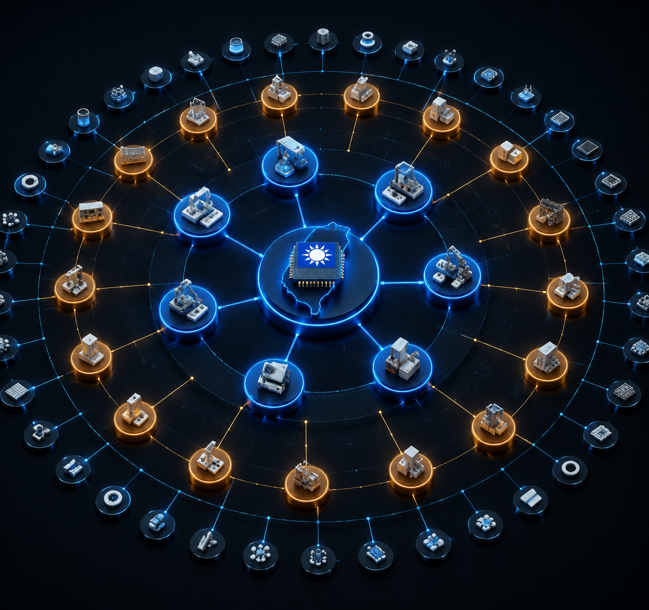 Multi-tier supply chain dependency graph with tier-1, tier-2, and tier-3 supplier rings
