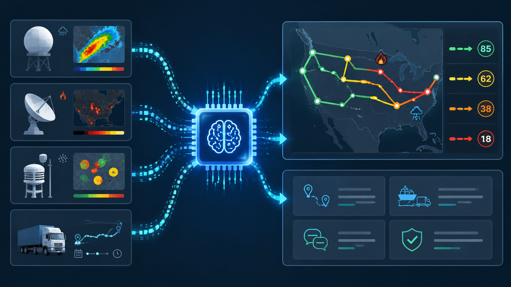 NOAA smoke forecasts, NASA fire hotspot data, AQI feeds, and shipment data flowing into an AI processor that outputs lane risk scores and logistics actions