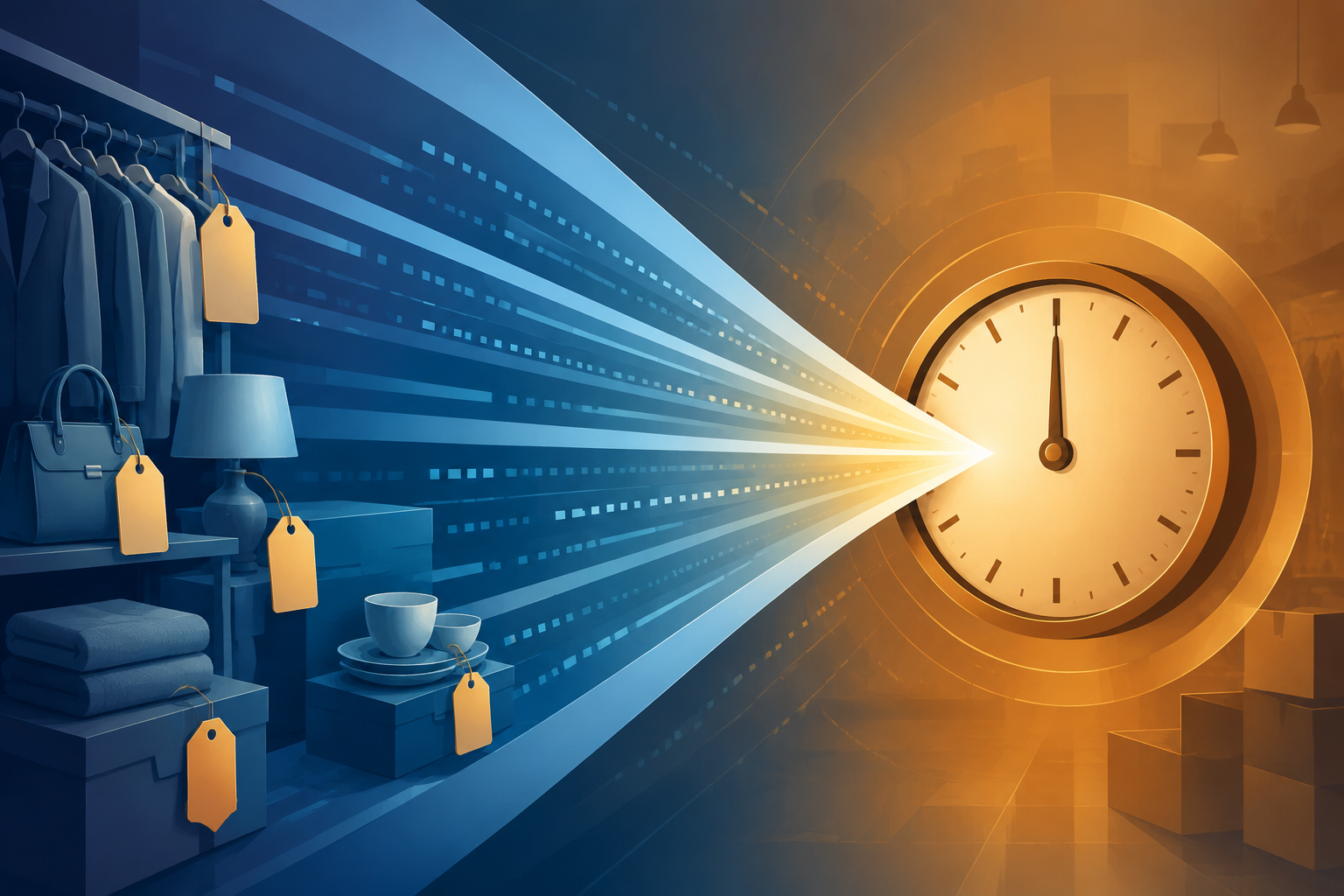 Narrowing timeline funnel with inventory price tags and data streams converging toward a liquidation deadline