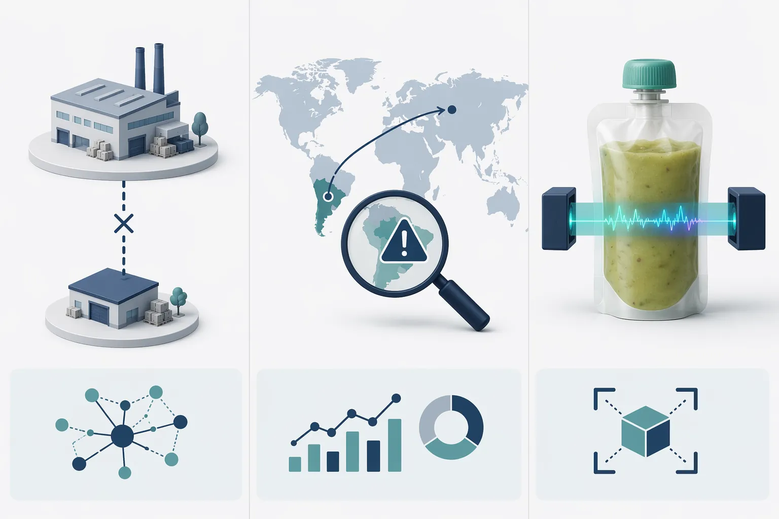 Framework diagram showing packaging supplier visibility, ingredient source risk, and spectral screening for puree pouches