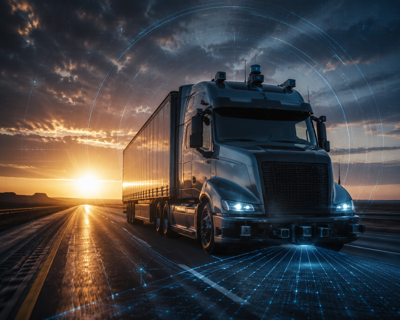 Autonomous semi-truck driving into low sun glare with sensor overlays on a highway