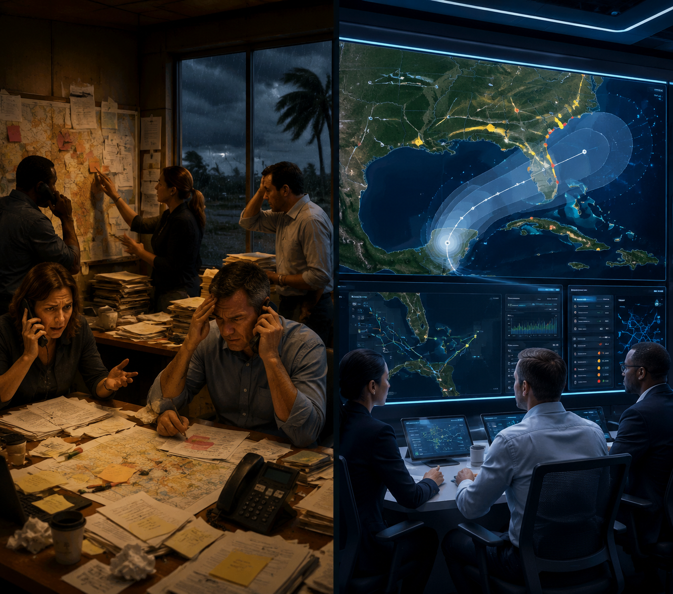 Split-screen supply chain operations centers comparing manual storm response with an AI-powered geofenced risk view