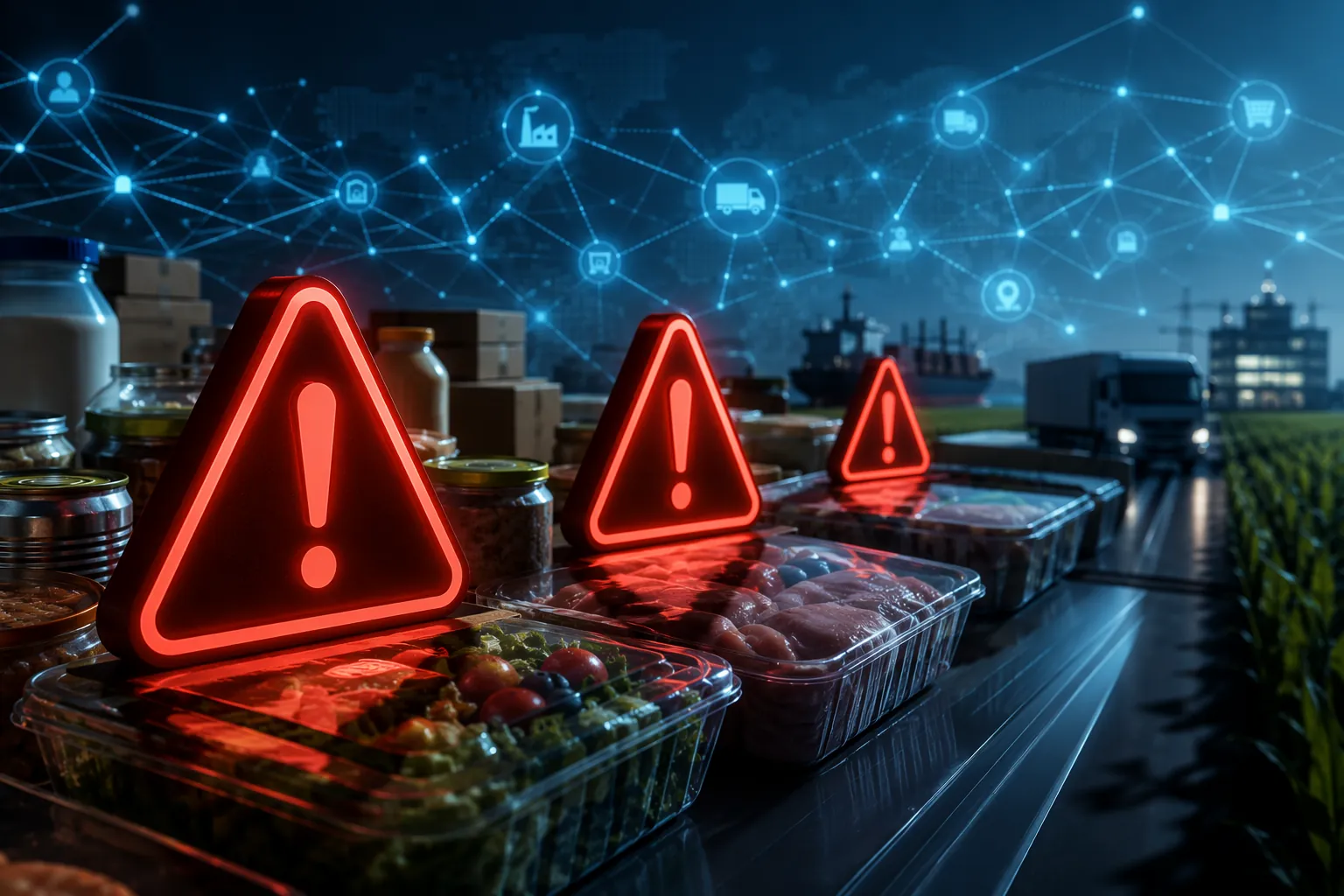 Packaged food with red warning icons and a blue digital traceability network in the background