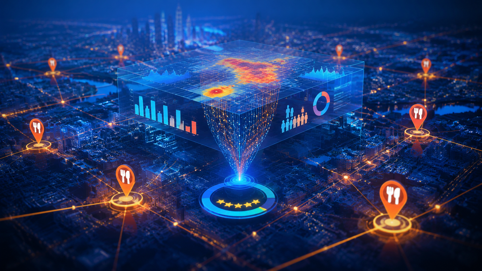 Digital city map with restaurant pins, traffic heatmaps, and predictive network lines.