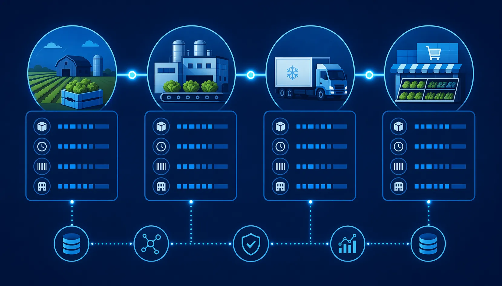 Connected food supply chain data architecture linking suppliers, facilities, distributors, and retailers with lot identifiers and timestamps