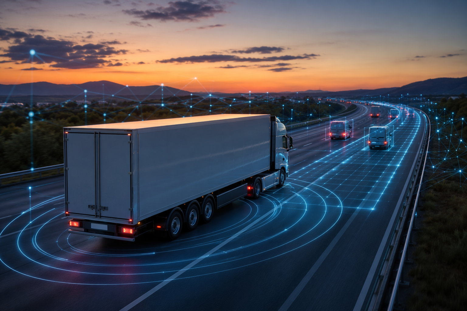 Semi-truck on a highway with AI sensor data, collision detection signals, and route awareness overlay